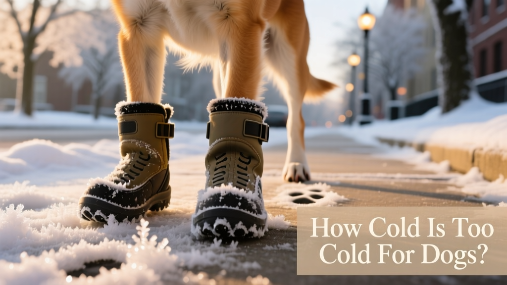 Close-up of a dog’s paws wearing protective boots on snowy pavement, with ice melt crystals visible nearby