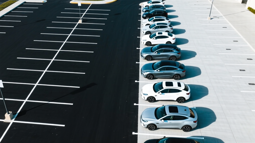Aerial view of a newly paved commercial parking lot split diagonally between dark asphalt and light concrete with painted striping and parked cars