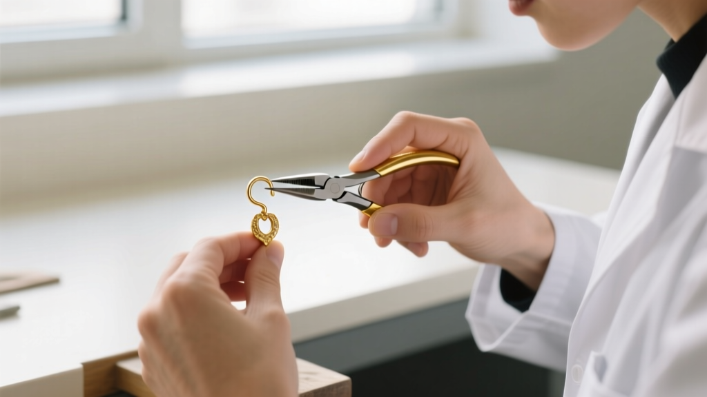 Jeweler using nylon pliers to gently reshape a bent 18k gold shepherd hook earring against a brightly lit workbench background