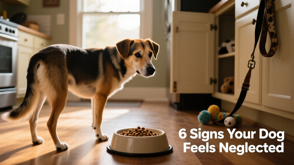 A dog turning away from a full food bowl, looking disengaged