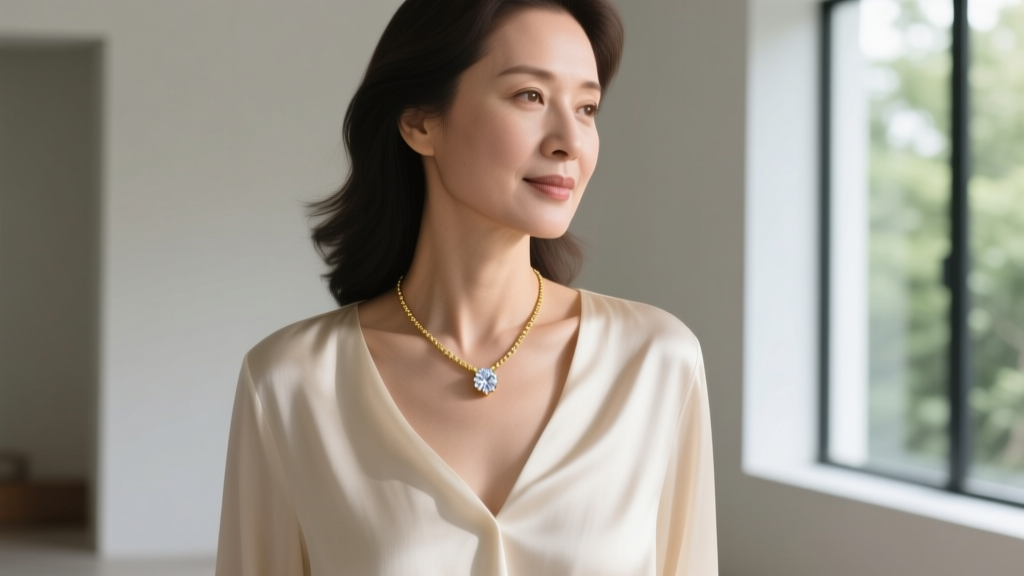 Woman in cream silk blouse wearing a delicate 16-inch 18k gold bezel diamond solitaire necklace, soft natural window lighting.