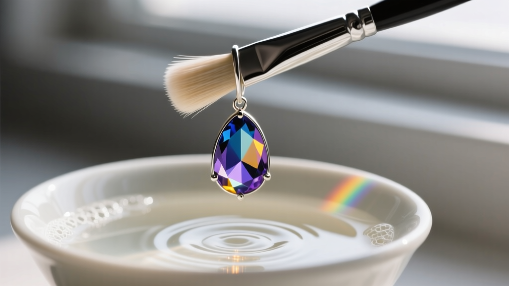 Soft brush gently cleaning a rhodium-plated vintage crystal drop earring over a glass bowl of warm water and mild dish soap