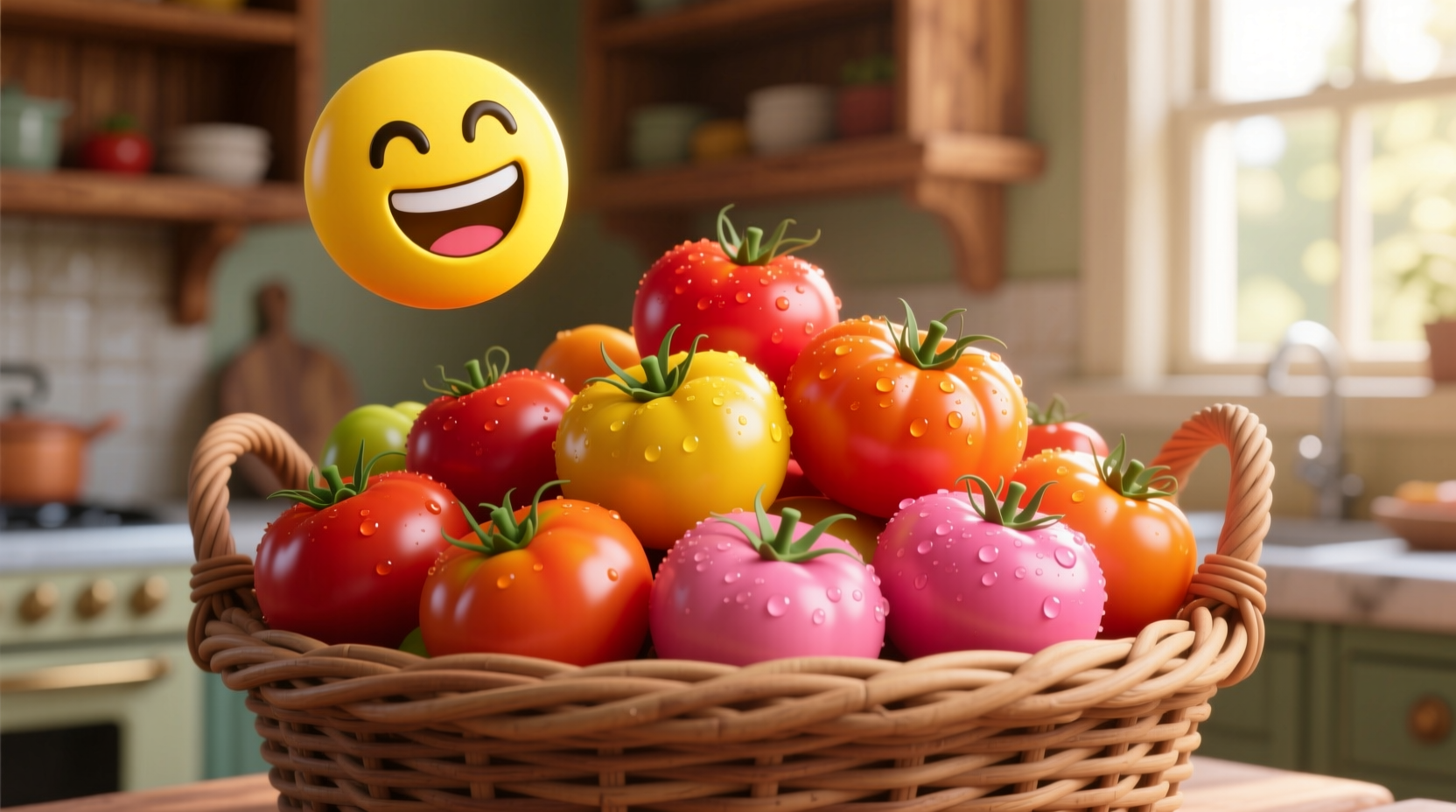 Colorful tomatoes arranged in a basket with laughing emoji