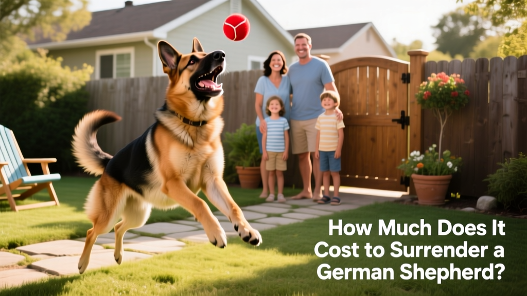 A joyful German Shepherd playing fetch in a fenced backyard with a new family
