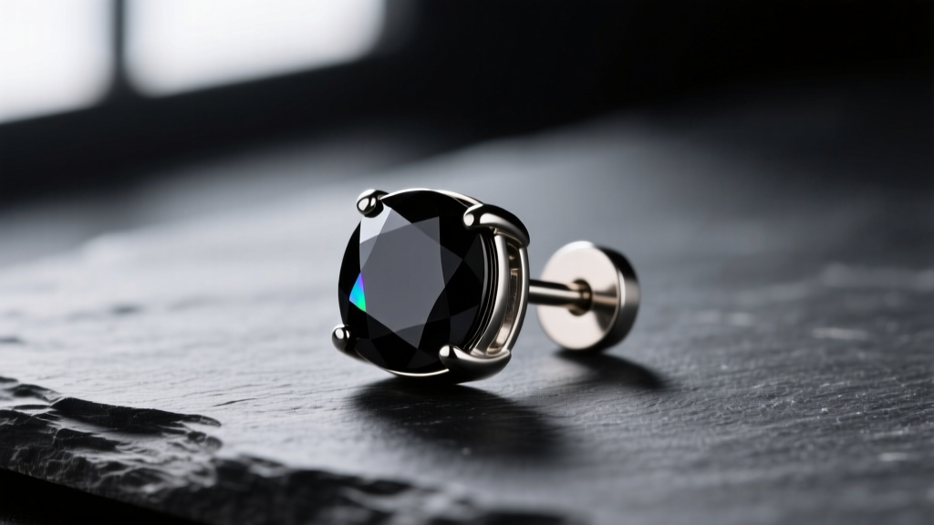 Macro shot of an ASTM F136 implant-grade titanium threadless earring end with a matte black onyx gemstone, resting on dark slate