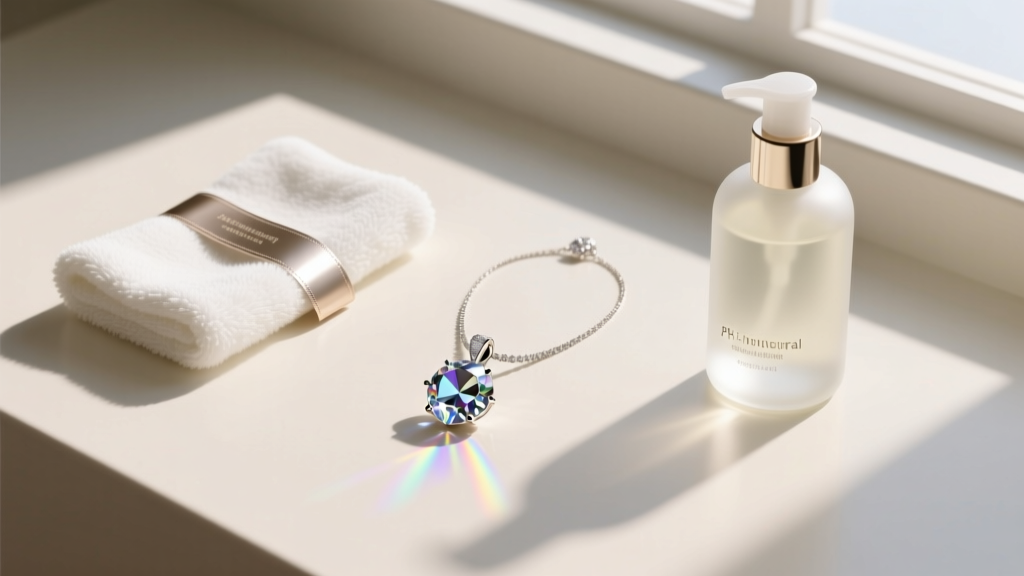 Flat lay of jewelry care supplies including microfiber cloth, anti-tarnish strips, and pH-neutral soap next to a crystal pendant