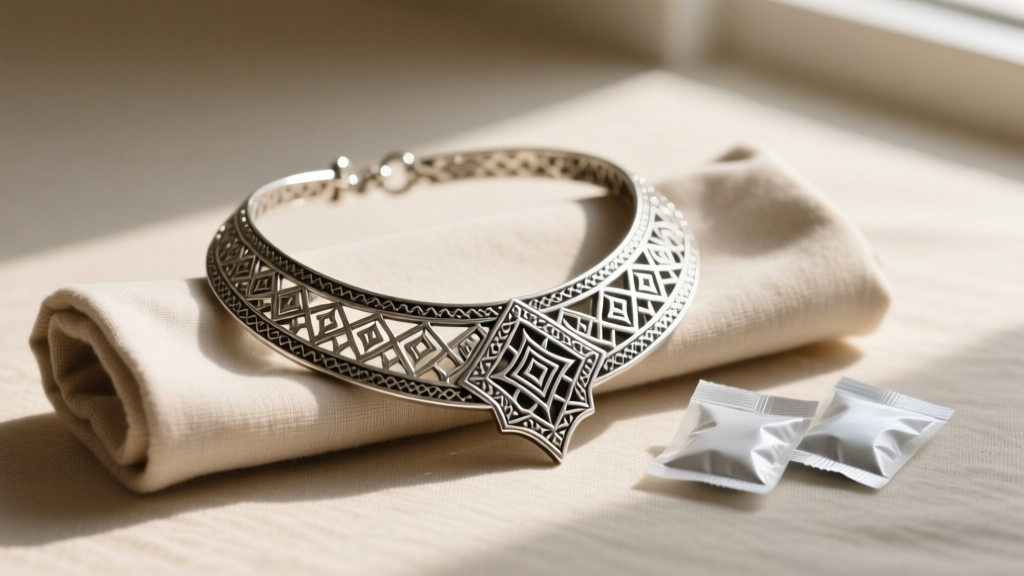 Heavy traditional Arabian silver choker necklace displayed on a padded canvas jewelry roll next to anti-tarnish silica gel packets