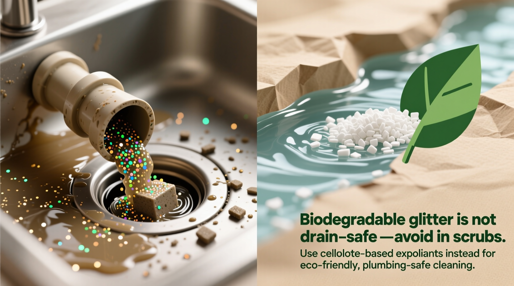 biodegradable glitter in cleaning scrubs drain risk