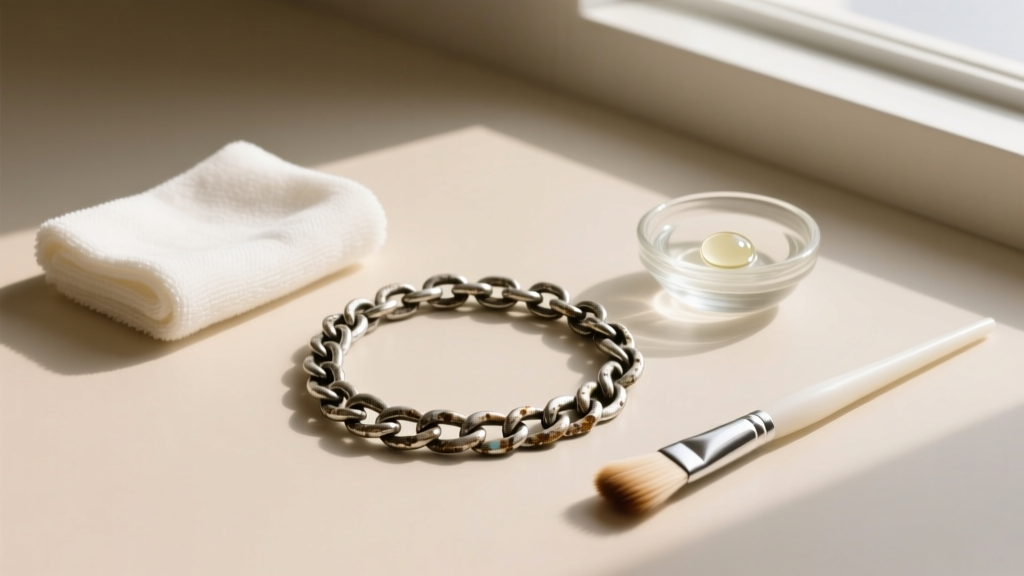 Flat lay of jewelry cleaning supplies including a microfiber cloth, mild soap, and soft brush beside a vintage silver chain.