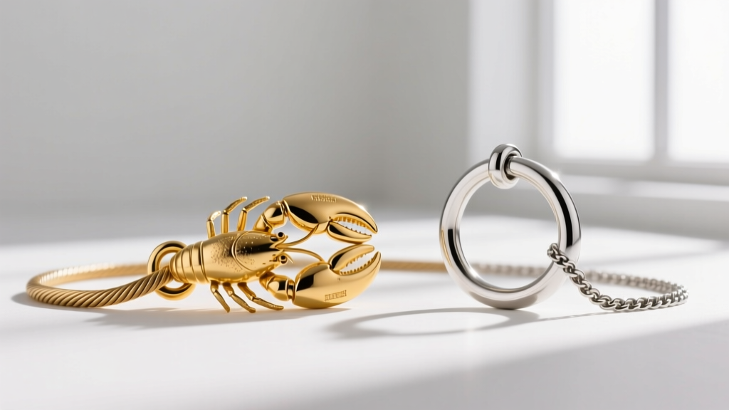 Extreme close-up comparing a 14k yellow gold lobster clasp on a cable chain and a sterling silver spring ring on a box chain.