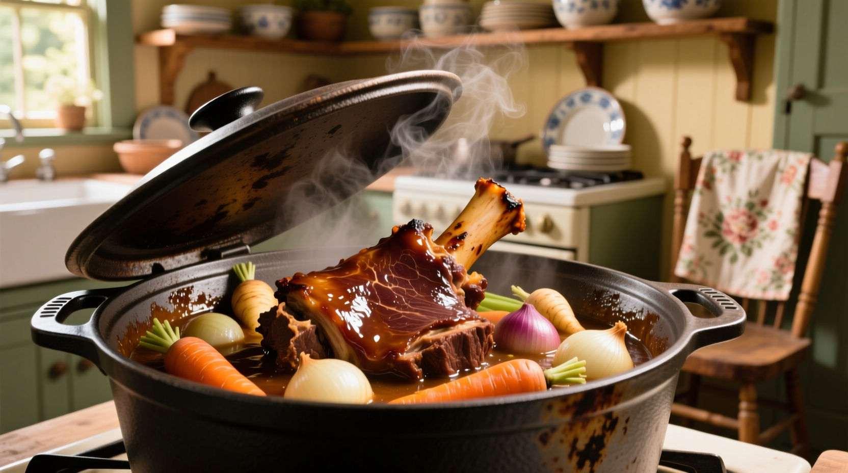 Braised beef shanks with vegetables in cast iron pot