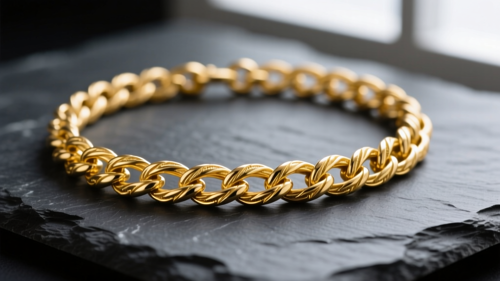 Macro shot of a 14k yellow gold thatch weave chain necklace on dark slate, highlighting intricate interlocking textured links