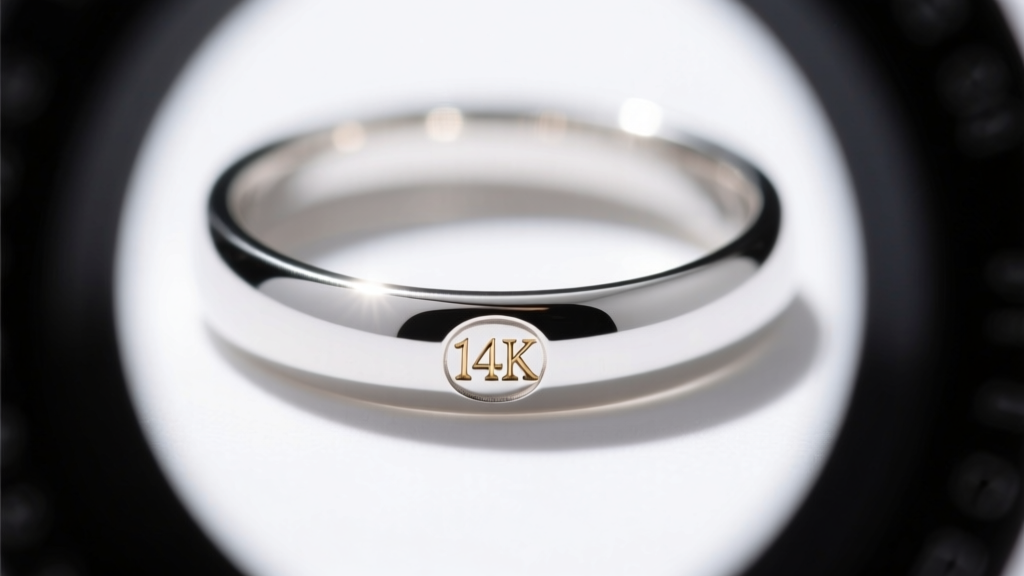 Macro photography of a tiny 14K hallmark stamped inside a white gold ring band, illuminated by a focused jeweler