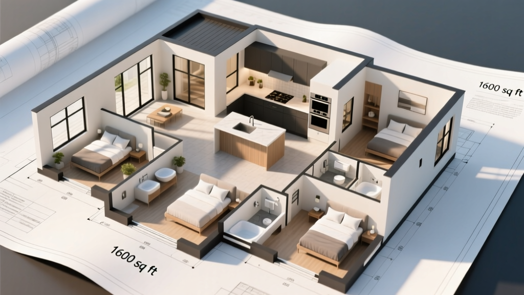 Architectural blueprint showing the floor plan layout of a 1600 square foot 3 bedroom 2 bathroom residential home