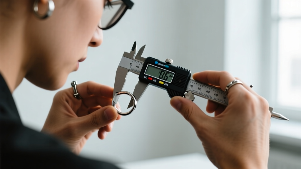 A professional piercer using digital calipers to measure the exact millimeter thickness of a 16-gauge implant-grade titanium hoop.