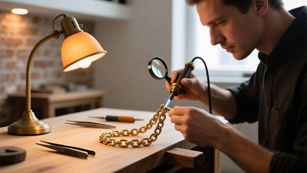 Artisan soldering a 16-gauge brass chain link necklace at a workbench, warm amber desk lamp illuminating the intricate metal links