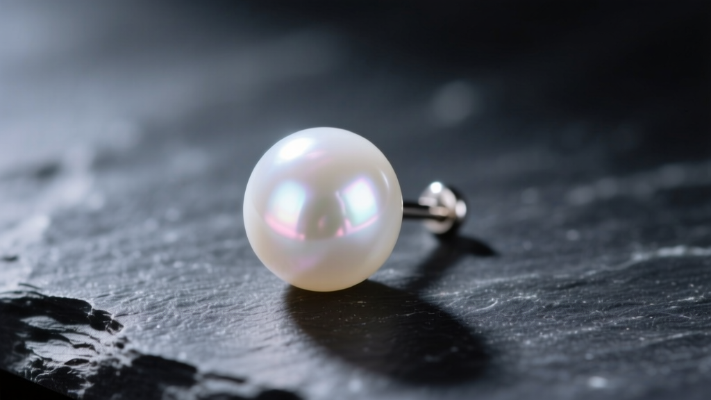 Macro shot of a glowing white Akoya pearl stud on dark slate, highlighting sharp light reflections and subtle rose overtones.