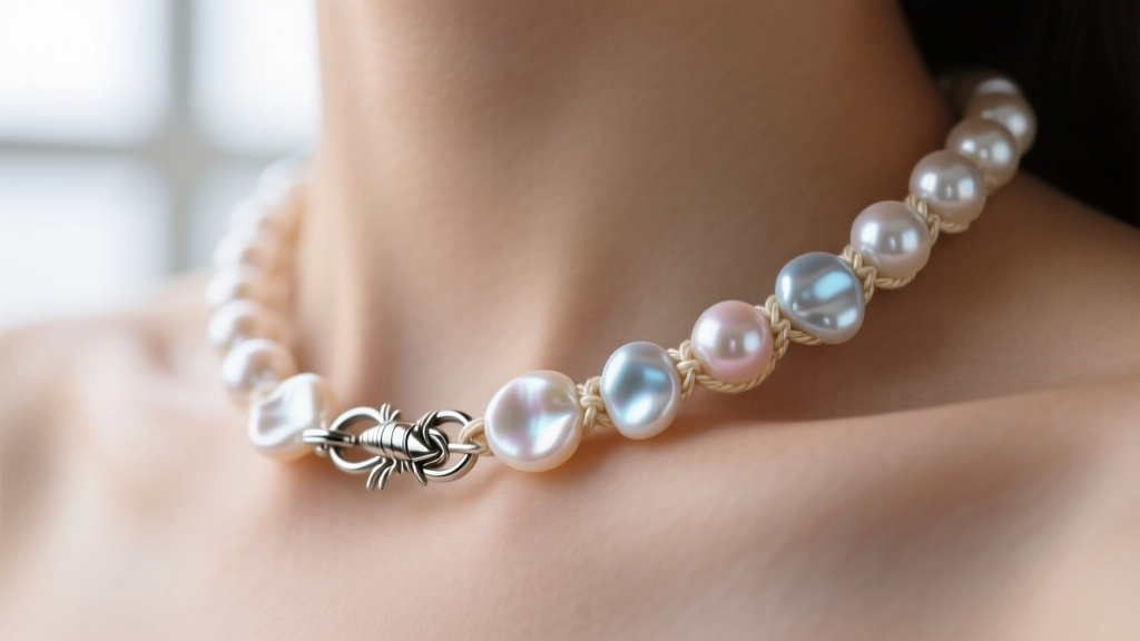 Macro shot of a nylon-knotted baroque freshwater pearl strand with a niobium lobster clasp resting gently on bare collarbone skin