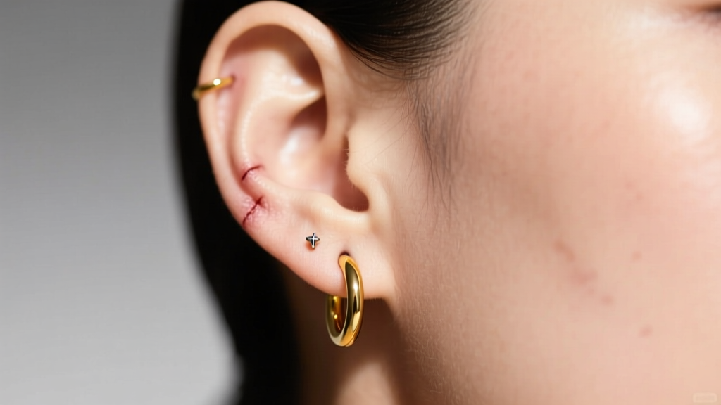 Close-up of a healed earlobe piercing wearing a 14k yellow gold huggie hoop, showing clear skin with zero redness or irritation.