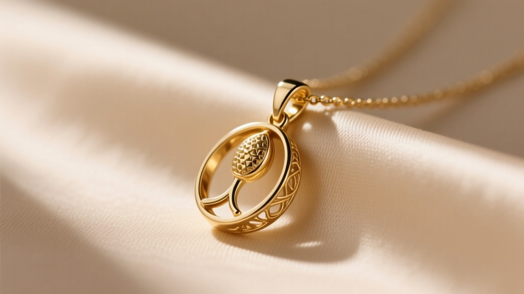 Close-up of a delicate 14k solid gold sperm pendant necklace on beige silk, soft morning light highlighting the polished metal.
