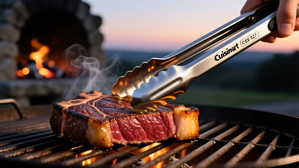 Close-up of Cuisinart CGS-527 stainless steel grilling tongs gripping a thick ribeye steak over glowing charcoal grill grates at dusk