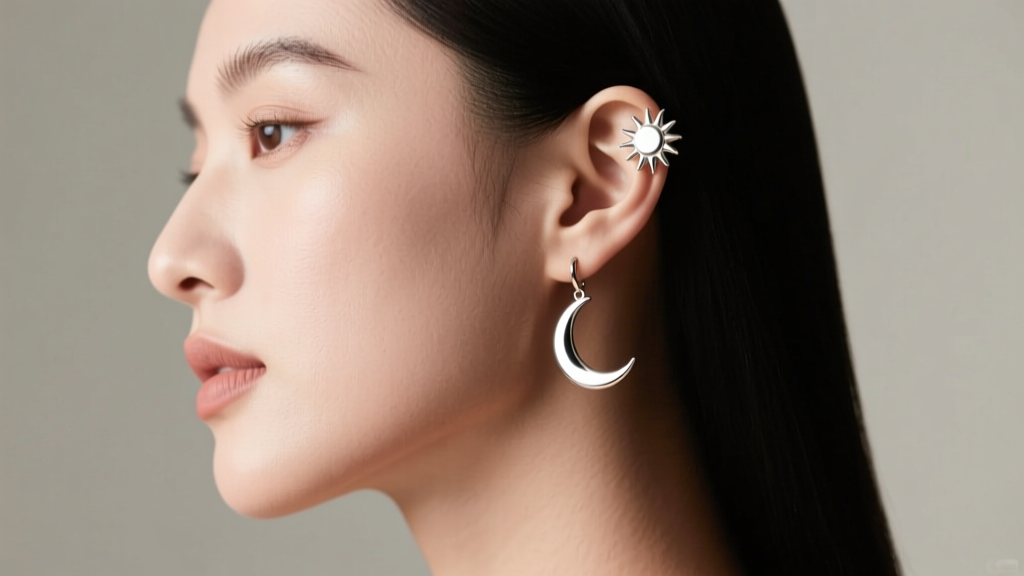Side profile of a woman wearing a small sun stud on her upper helix and a long dangling moon earring on her lower lobe