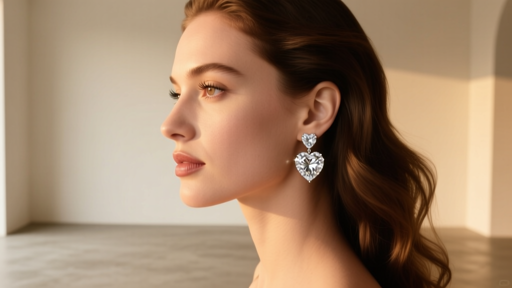 Side profile of a woman with an oval face shape wearing elegant heart-shaped diamond drop earrings, soft warm lighting, chic modern