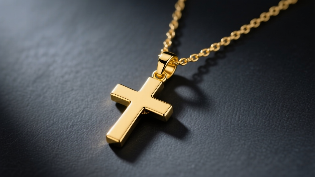 14k solid yellow gold mini cross pendant on a delicate cable chain against dark slate, lit by soft directional studio lighting.