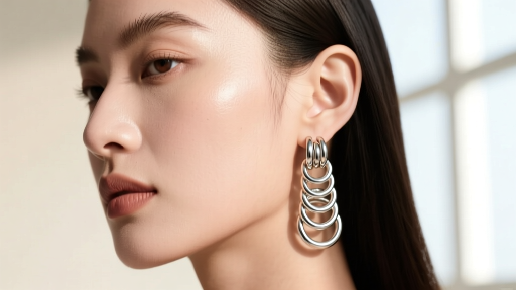 Model wearing stacked spiral hoops in ascending sizes along the cartilage, minimalist look against a soft, neutral backdrop.