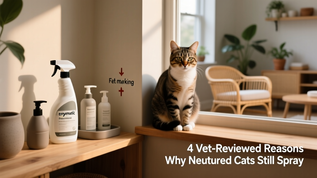 Enzymatic cleaner bottle and cleaning supplies next to a marked wall corner, with a cat watching calmly from a nearby perch