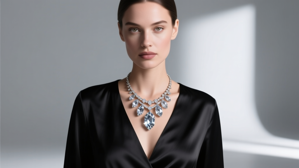Elegant woman wearing a layered Brooke Gregson rock crystal pendant necklace over a deep V-neck black silk blouse in soft light.