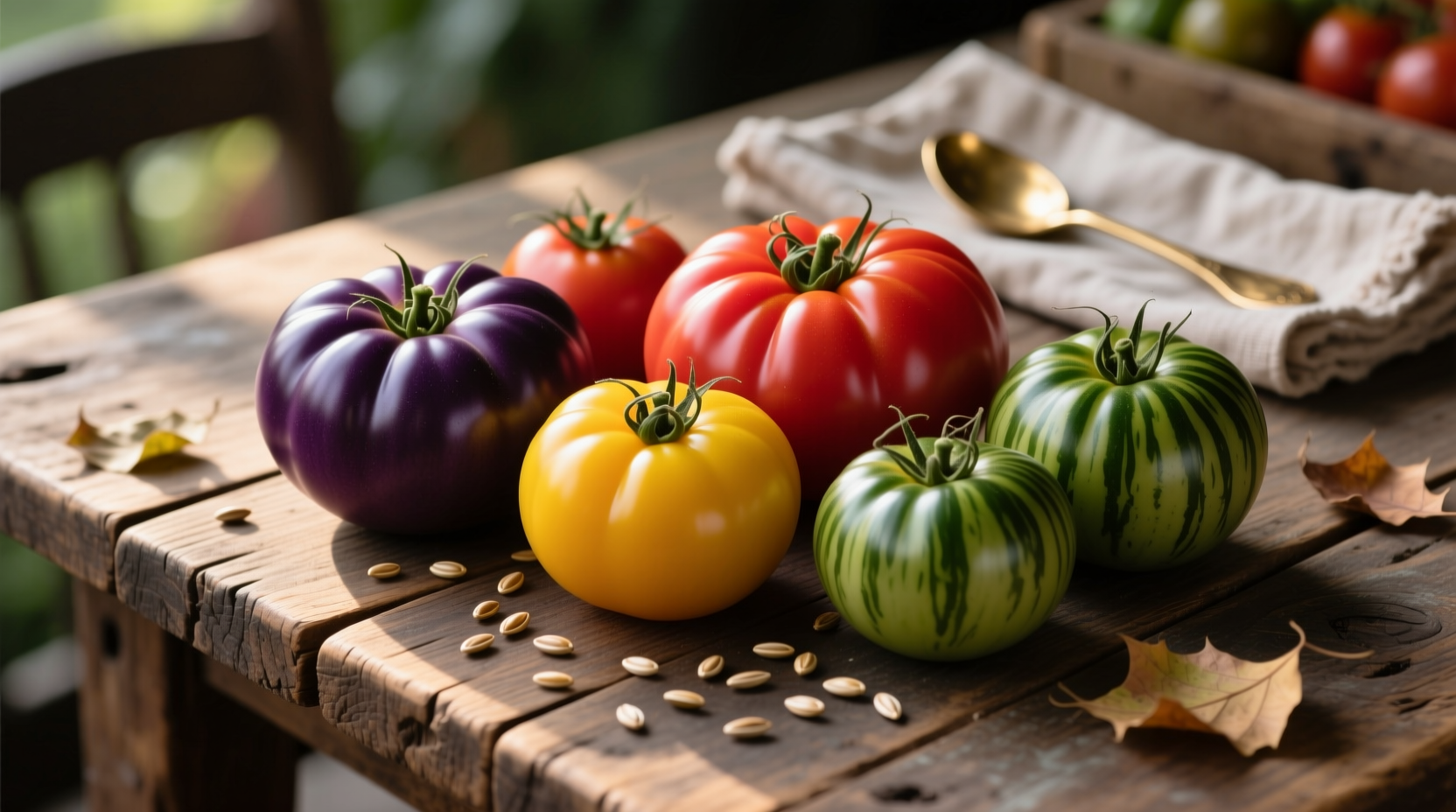Heirloom tomato varieties arranged on wooden table