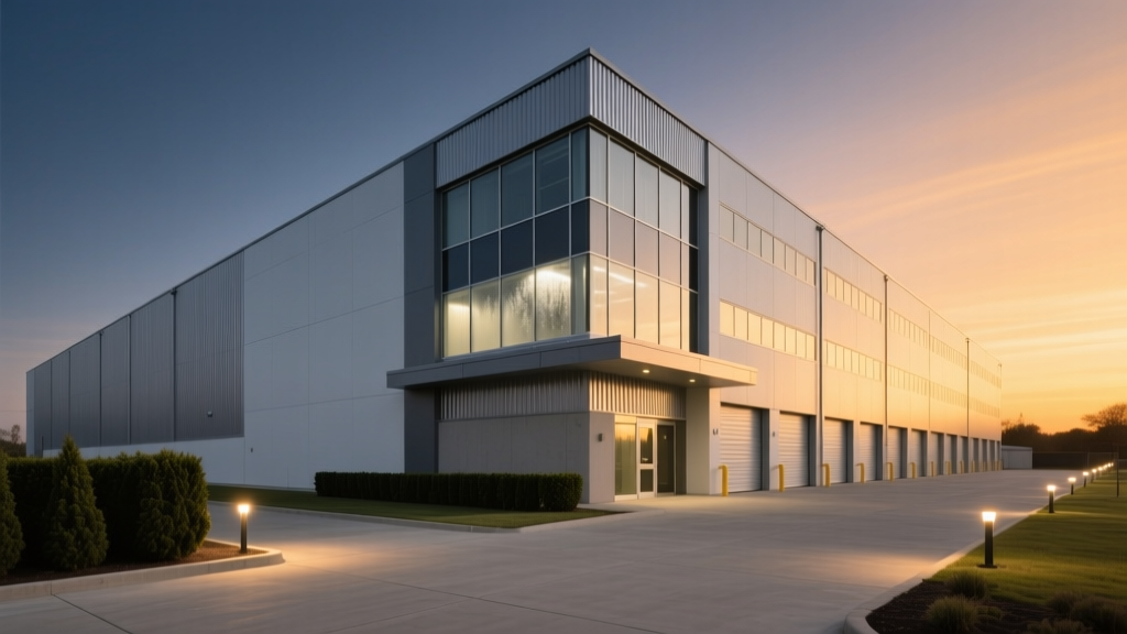 Exterior view of a modern multi-story climate-controlled self-storage facility with metal paneling and concrete driveway at dusk