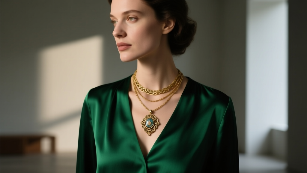 Woman wearing a layered vintage Florenza pendant necklace over a deep emerald green silk blouse in soft moody directional lighting