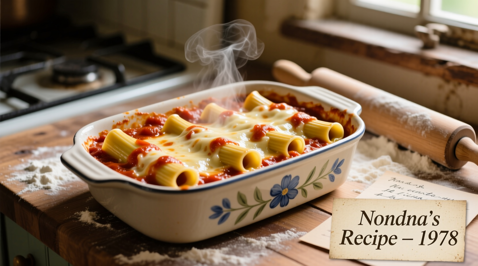 Homemade manicotti baking in ceramic dish