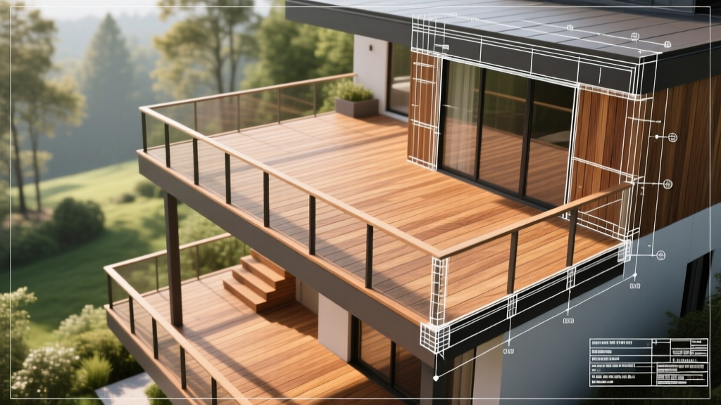 Overhead blueprint of a multi-level deck transitioning to a 3D rendering of capped composite decking boards in warm teak tones