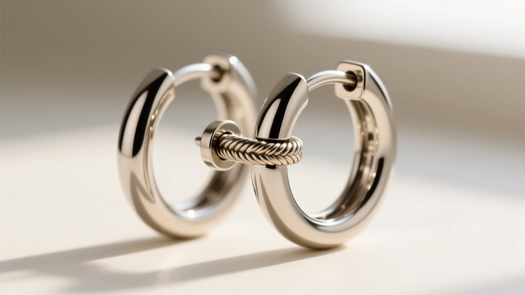 Macro shot of an 18-gauge titanium double hoop earring set in a helix piercing, highlighting the threaded clasp mechanism