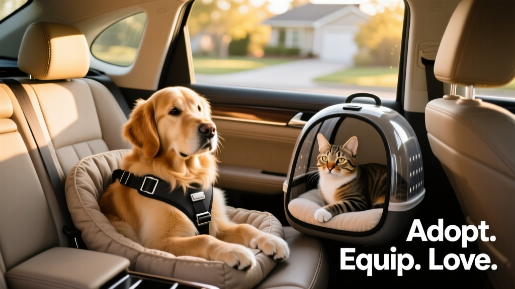 A calm dog wearing a harness inside a secured car seat, and a relaxed cat peeking from a well-ventilated carrier on a passenger seat