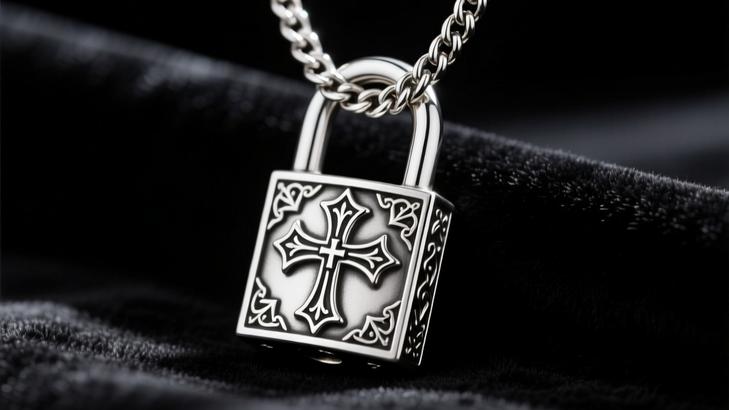 Close-up of a heavy 925 sterling silver padlock pendant with gothic cross motifs on a thick chain, resting on dark velvet