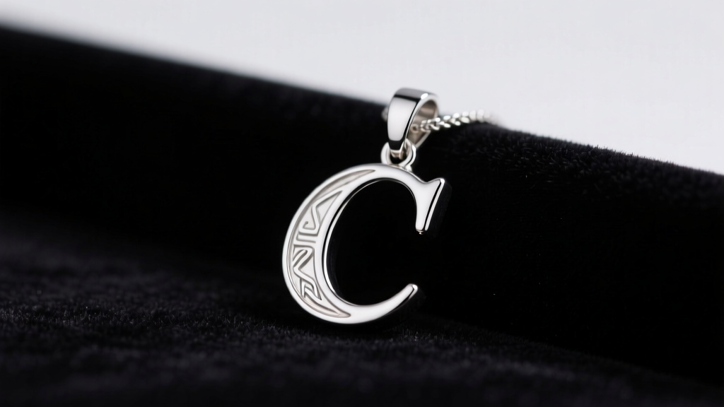 Polished sterling silver letter C pendant on dark velvet, lit by soft studio lighting to highlight the reflective metal.