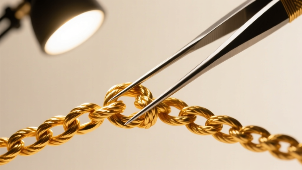 Two steel needles working apart a tight knot in a delicate gold rope chain, illuminated by a bright and focused jewelry desk lamp.