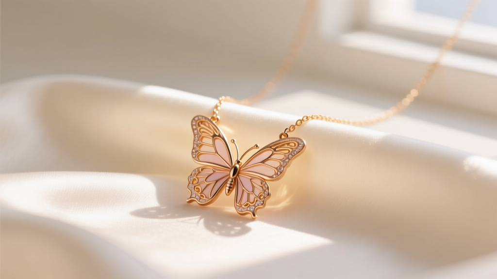 Delicate 14k rose gold butterfly pendant necklace resting on soft cream silk fabric, bathed in warm morning sunlight.