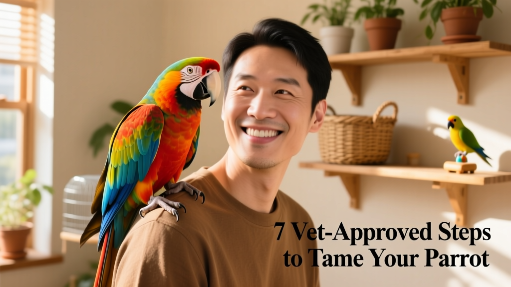 A confident, brightly colored parrot sitting comfortably on a person's shoulder, making gentle eye contact, with natural light and warm tones
