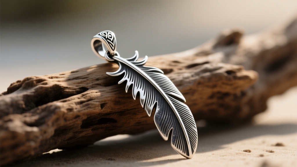 Handcrafted 925 sterling silver feather pendant on driftwood, showing intricate engraved barbs and oxidized finish in soft light.