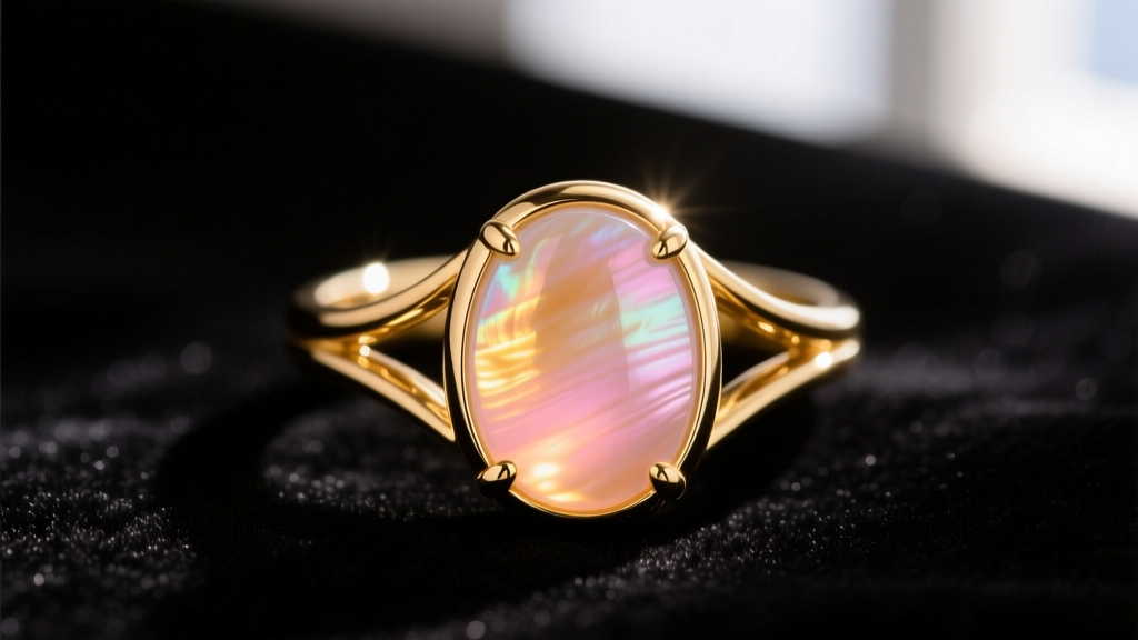 Polished sunrise shell cabochon in a 14k yellow gold bezel ring, showing warm golden and pink iridescent gradients on dark velvet.