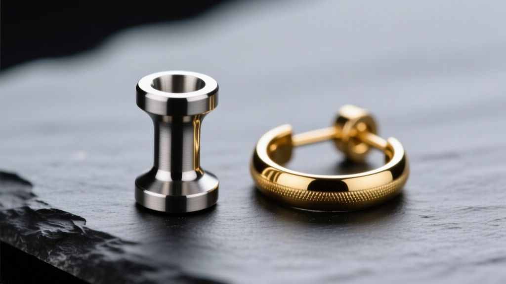 Macro shot of a 20-gauge titanium labret post beside an 18-gauge gold earring wire, resting on dark slate under studio lighting.