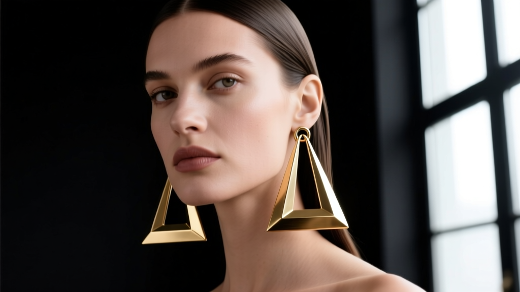 Model wearing oversized Balenciaga safety pin drop earrings, showcasing brushed brass finish against a dark editorial background