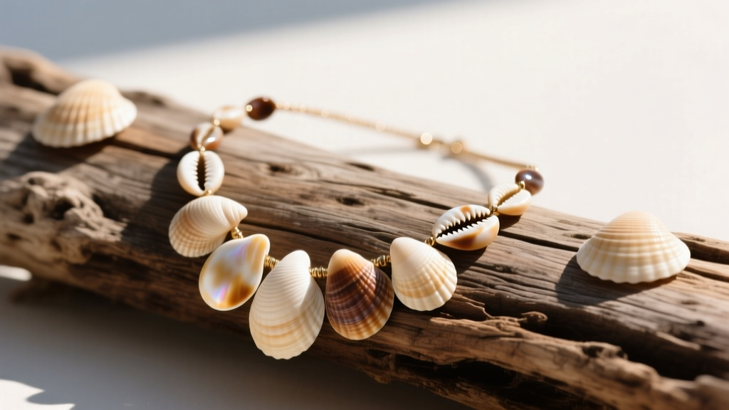 Asymmetrical puka shell necklaces on weathered driftwood, highlighting natural cream and brown shell gradients in bright sunlight.
