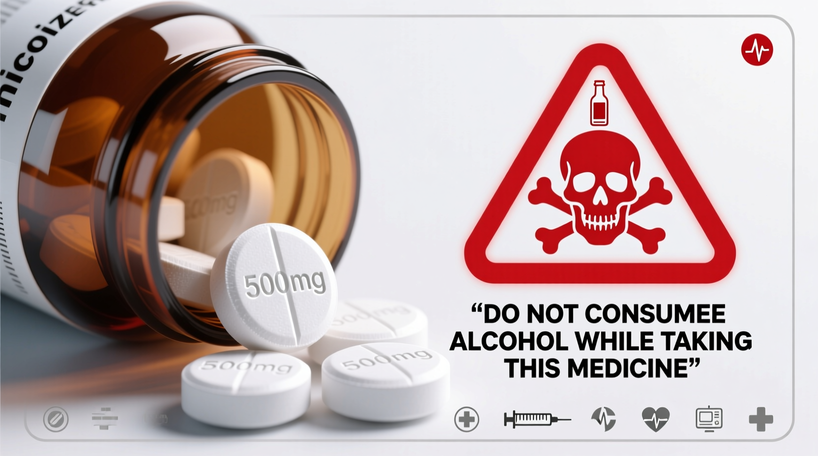 Metronidazole tablets with alcohol warning symbols