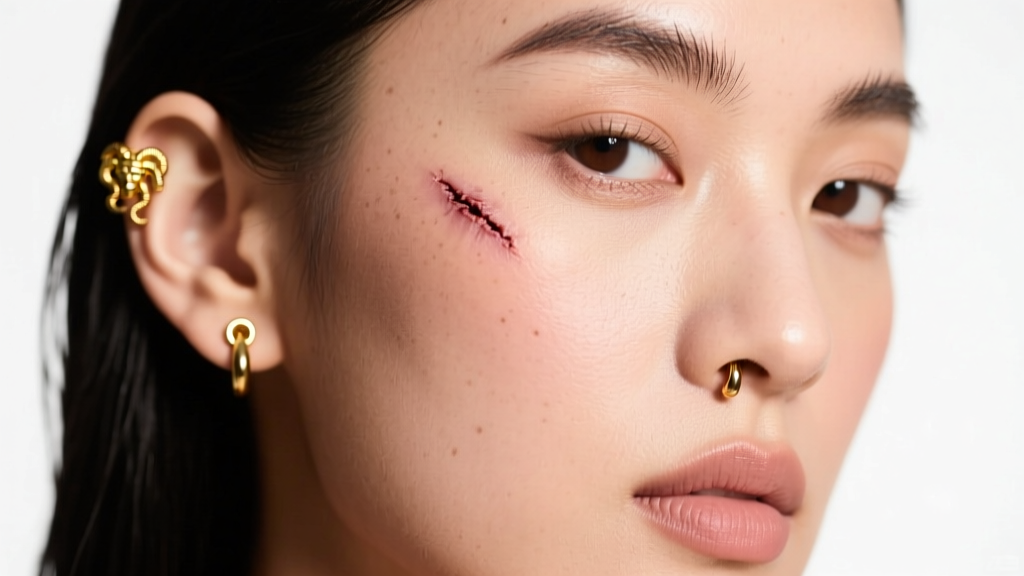 Model with a healed medusa piercing wearing a 16-gauge solid gold captive bead ring, illuminated by warm and soft studio lighting.